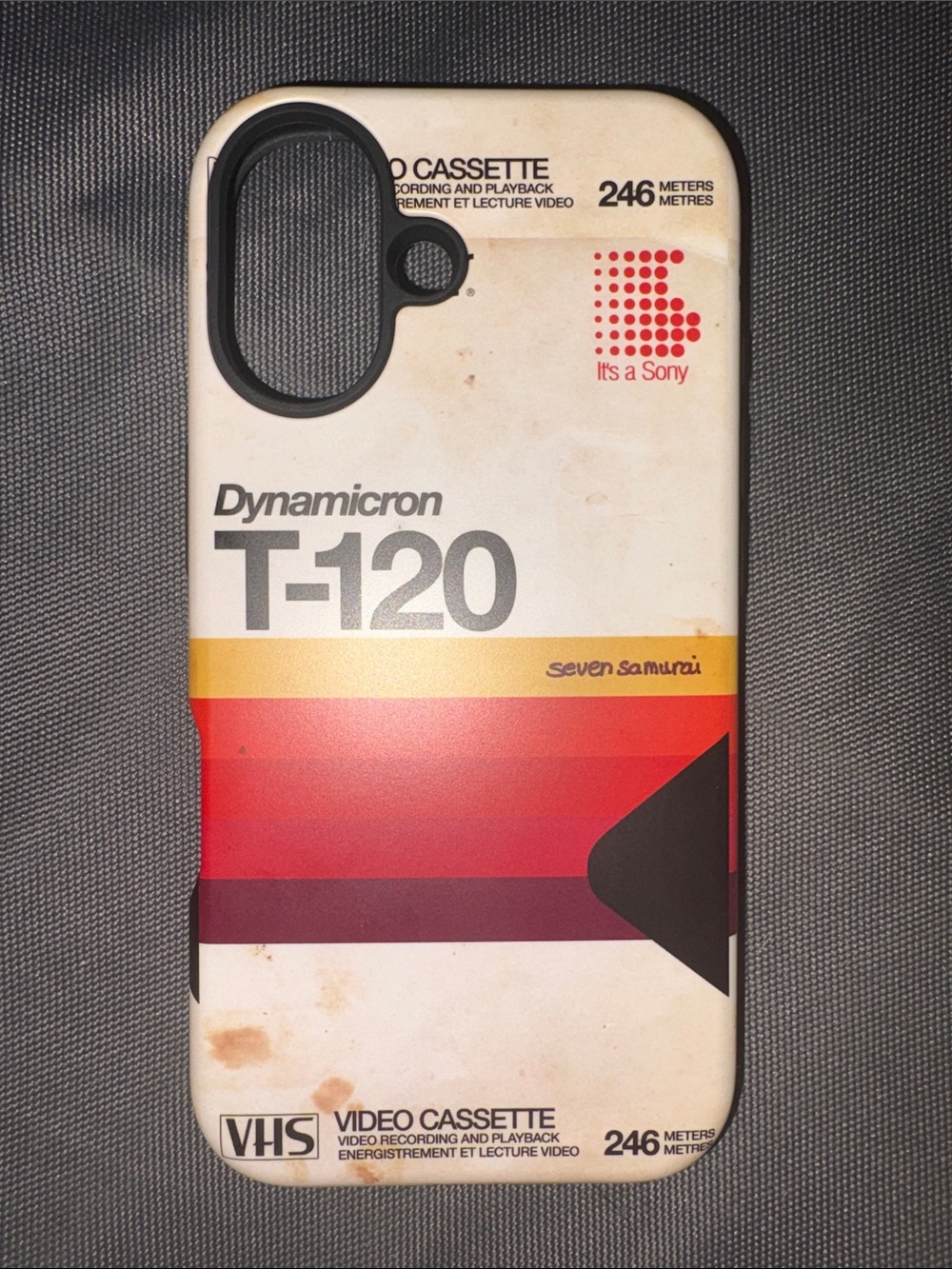 VHS T-120 Retro Cassette Phone Case - Cream with Red, Orange & Maroon Stripes